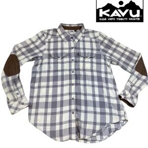 KAVU Shirt Mens MEDIUM Gray Flannel Plaid Shirt Elbow Patches Chest Pockets